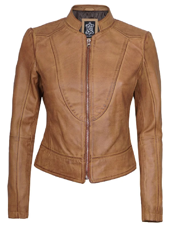 Amy Womens Camel Leather Moto Jacket