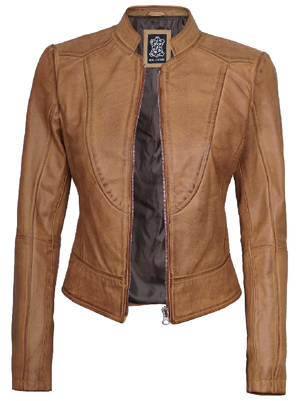 Amy Womens Camel Leather Moto Jacket