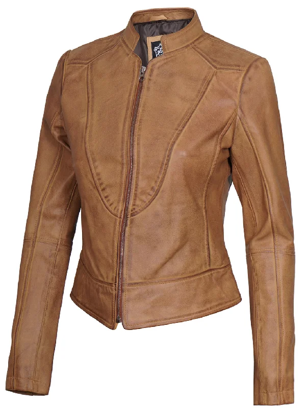 Amy Womens Camel Leather Moto Jacket