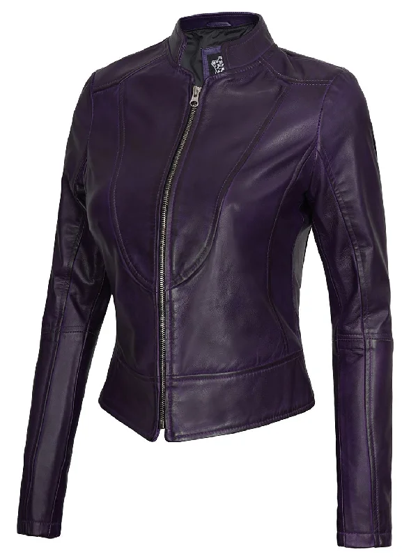 Amy Womens Cafe Racer Fitted Purple Leather Jacket