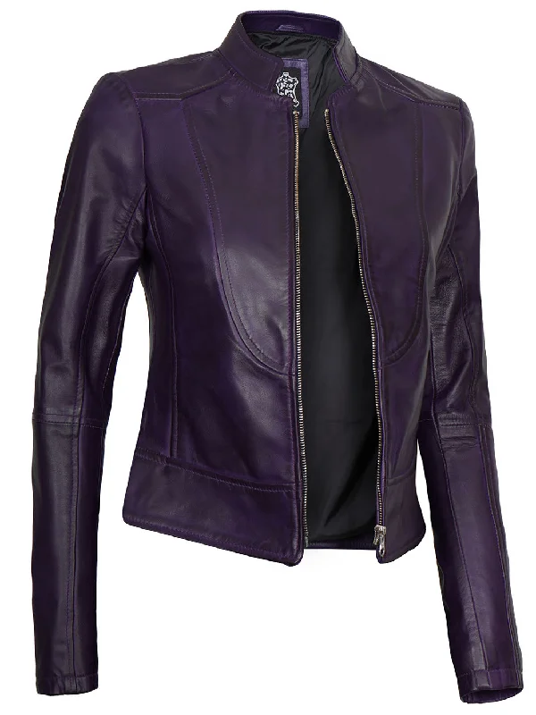 Amy Womens Cafe Racer Fitted Purple Leather Jacket