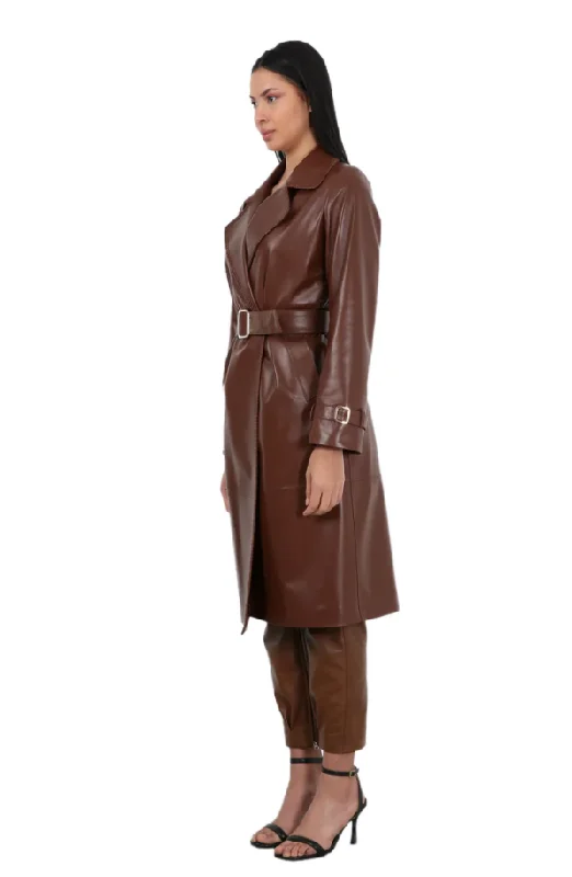 Barya NewYork Ladies Brown Soft Lambskin Double Breasted Belted Trench Coat