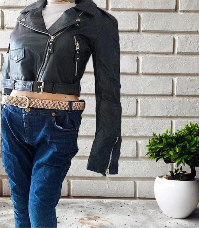 Cropped Leather Jacket For Women | Genuine Leather Motorcycle Jacket