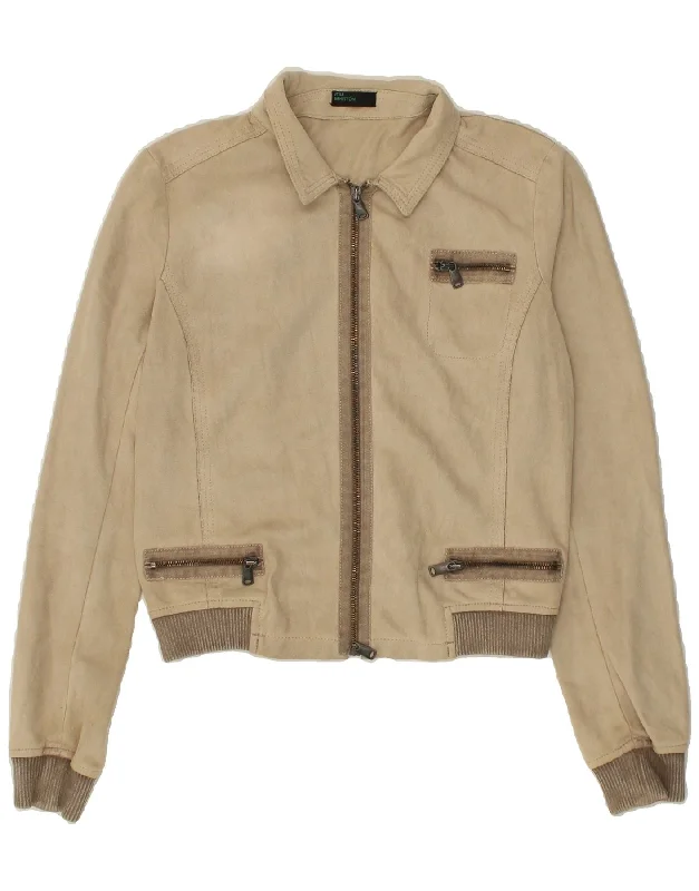 BENETTON Womens Bomber Jacket IT 44 Medium Beige Polyester