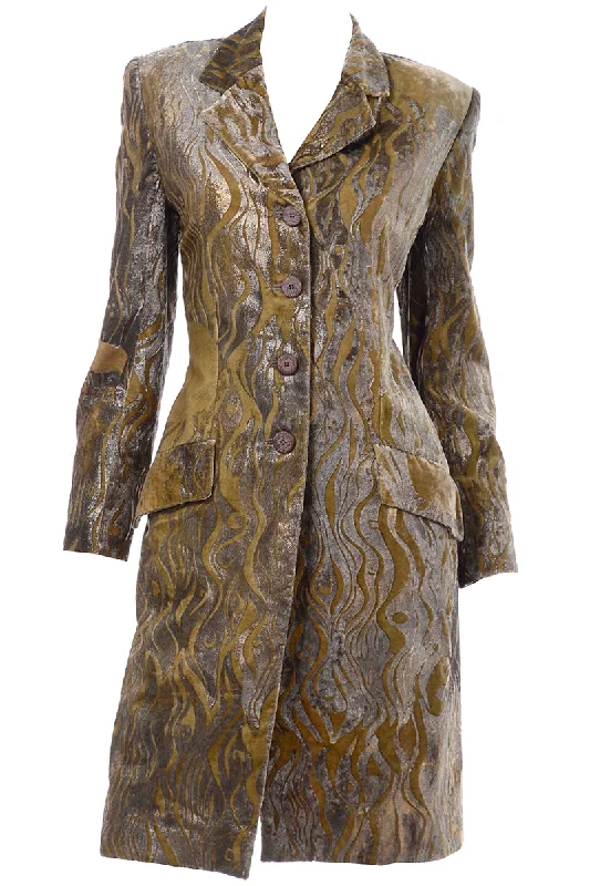 F/W 1997 Bill Blass Gold & Green Metallic Vintage Hand Painted Velvet Coat