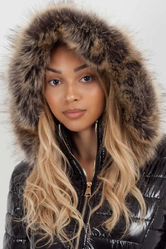 Black Shiny Puffer Coat With Faux Fur Hood