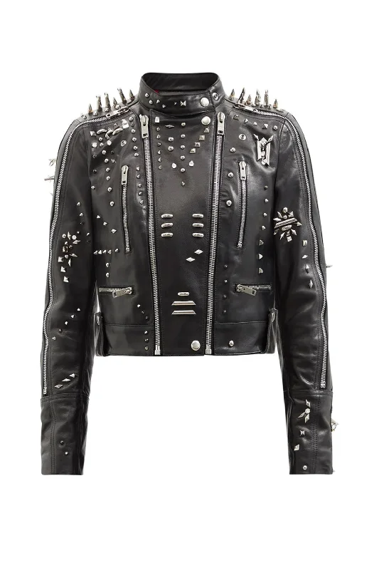 Black Women style Silver Long Spiked Studded Motorcycle Leather Jacket