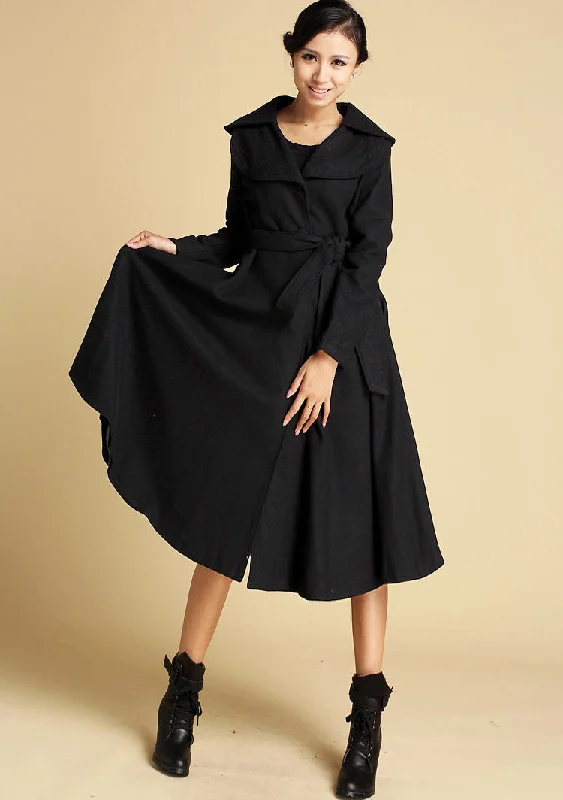 Black wool coat with double folded collar wool jacket 356#