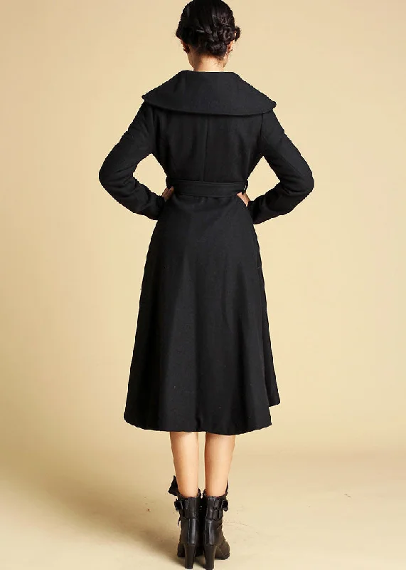 Black wool coat with double folded collar wool jacket 356#