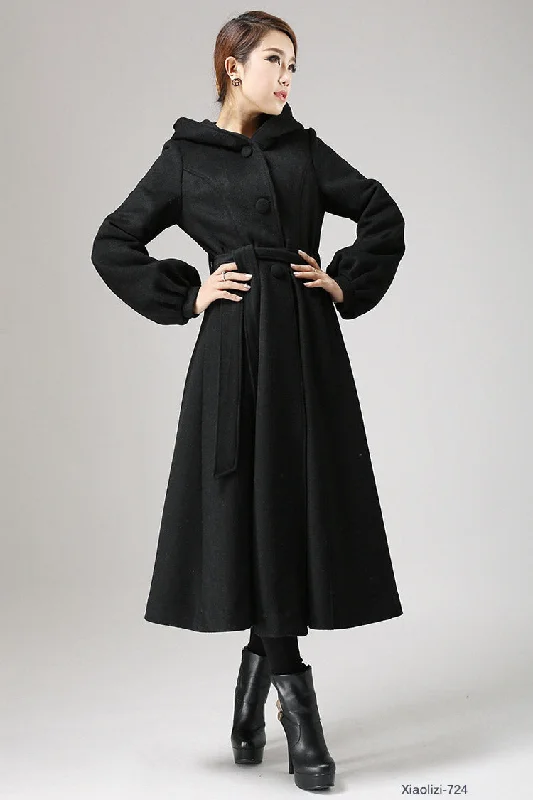 Black wool coat - womens swing coat with tie belt waist long sleeve winter coat 724#