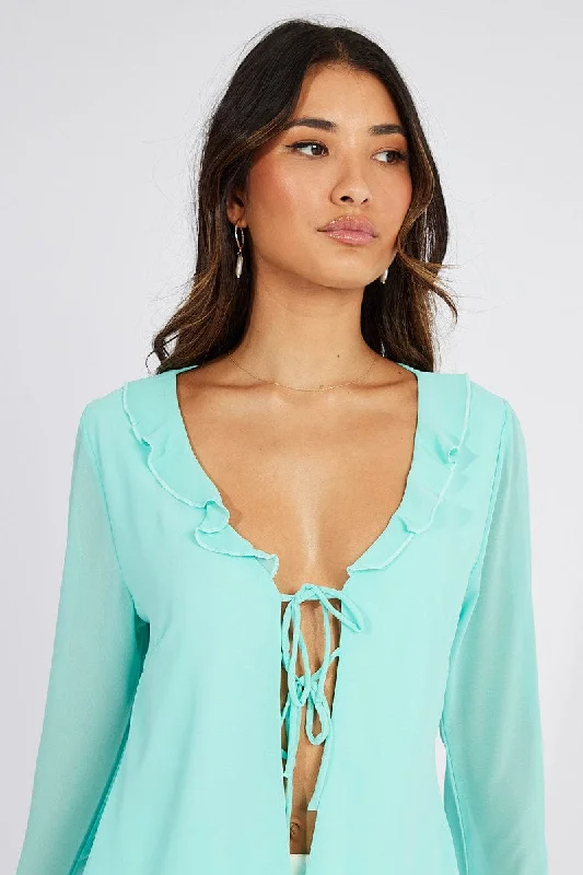 Blue Frill Split Top Tie Front Long Sleeve