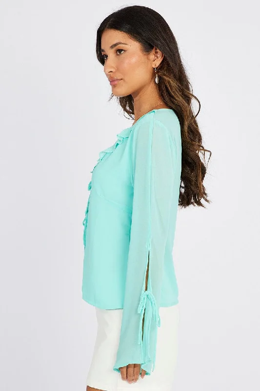 Blue Frill Split Top Tie Front Long Sleeve