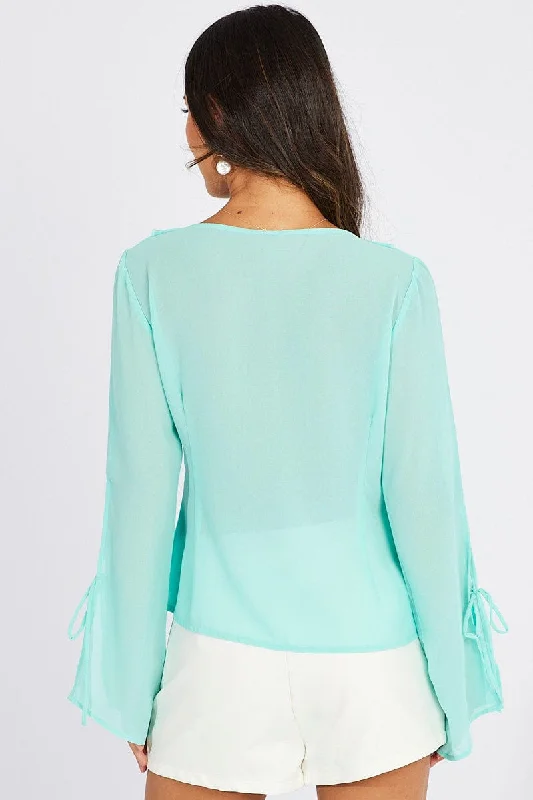 Blue Frill Split Top Tie Front Long Sleeve