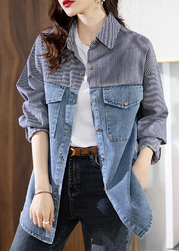 Bohemian Blue Peter Pan Collar Striped Patchwork Button Denimn Coats Fall