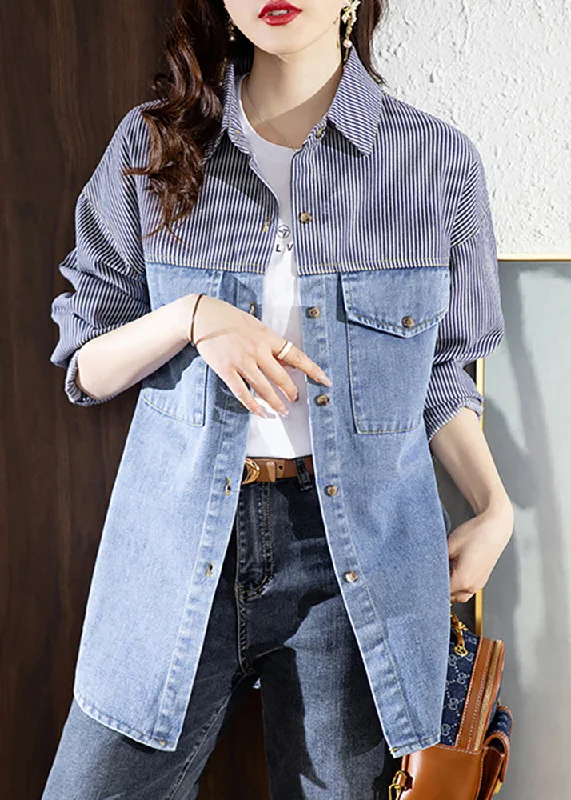 Bohemian Blue Peter Pan Collar Striped Patchwork Button Denimn Coats Fall