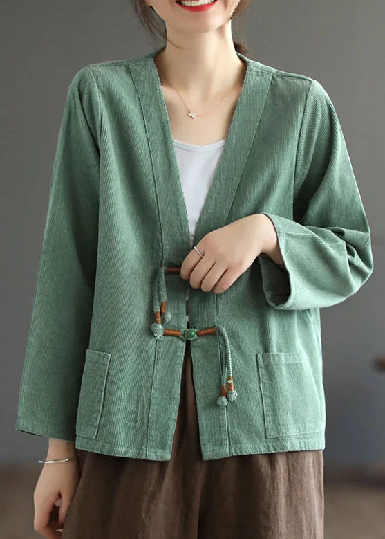 Bohemian Green Tasseled Pockets Patchwork Corduroy Coat Fall