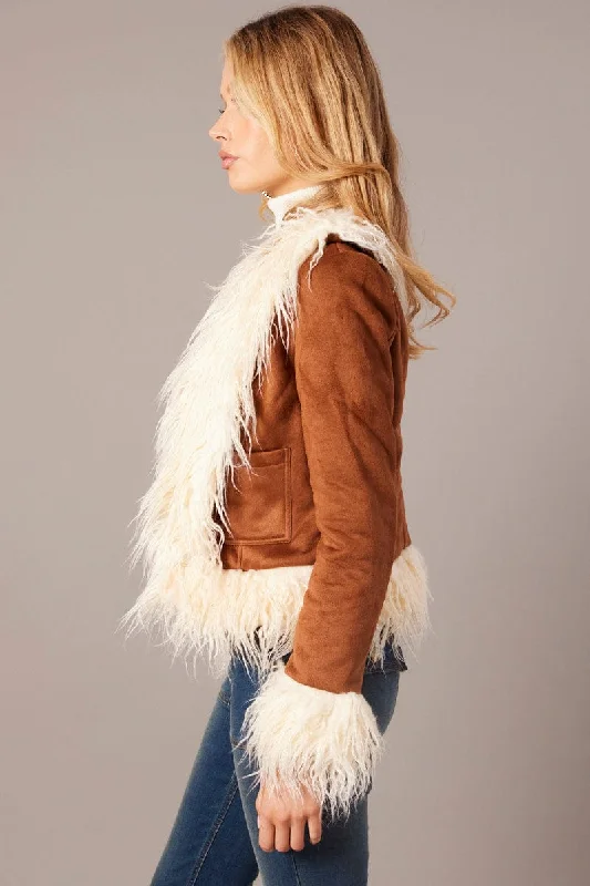 Brown Faux Fur Jacket Long Sleeves