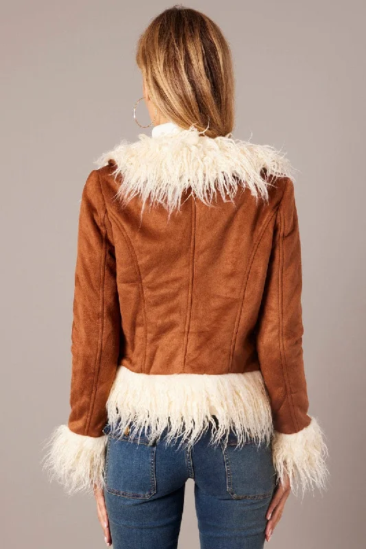 Brown Faux Fur Jacket Long Sleeves