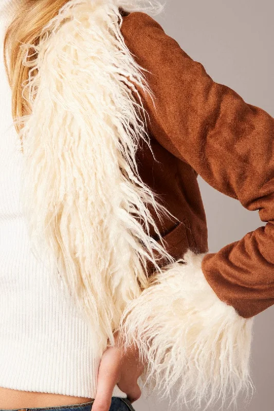 Brown Faux Fur Jacket Long Sleeves