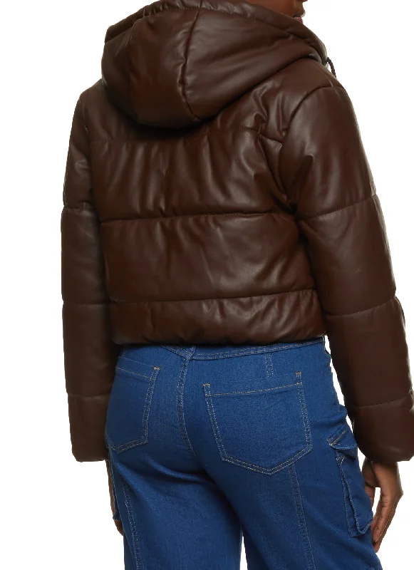 Faux Leather Hooded Drawstring Hem Puffer Jacket