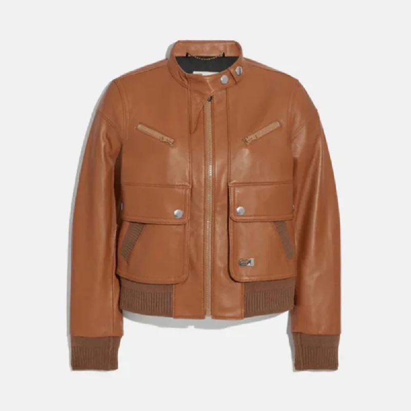 Brown Women Lambskin Biker Leather Bomber Jacket