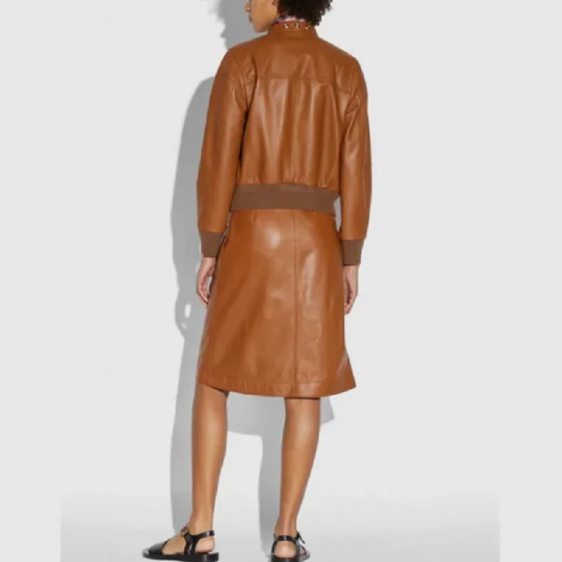 Brown Women Lambskin Biker Leather Bomber Jacket