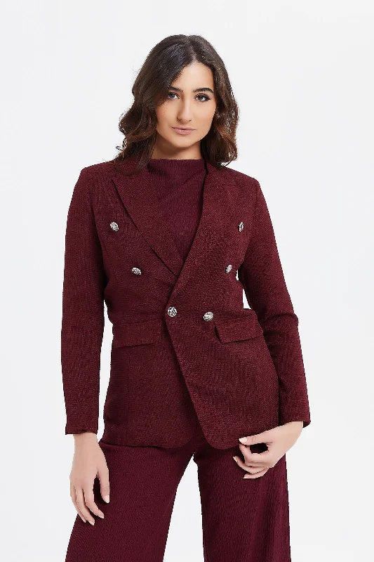 Women Burgundy Buttons Blazer