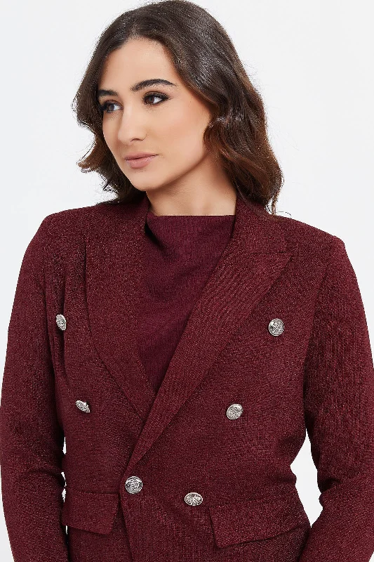 Women Burgundy Buttons Blazer