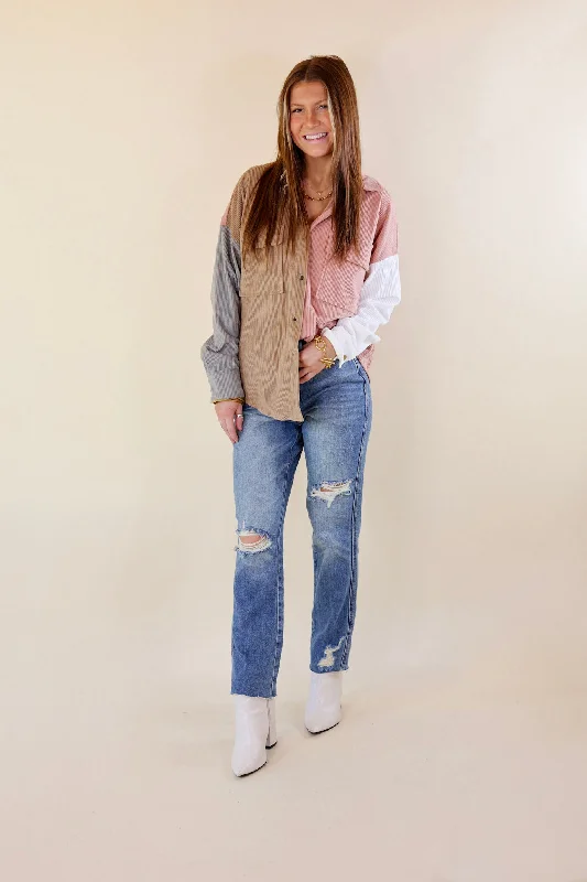 Cozy Perk Button Up Color Block Corduroy Shacket in Blush Pink and Tan