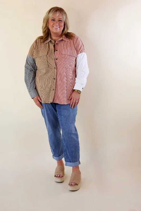 Cozy Perk Button Up Color Block Corduroy Shacket in Blush Pink and Tan