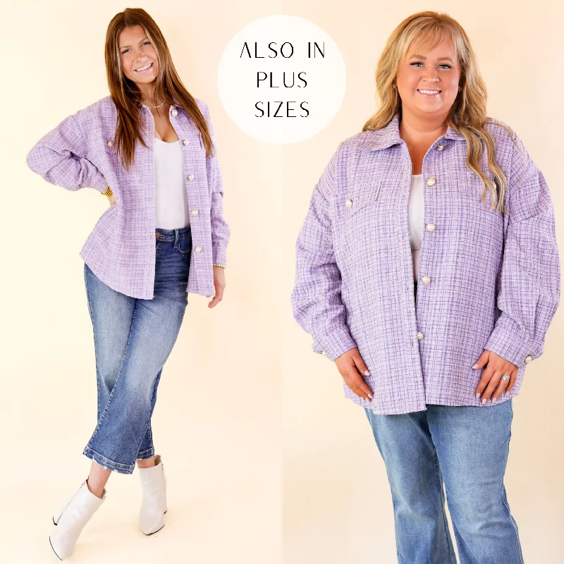 Brooklyn Buzz Pearl Button Up Tweed Shacket in Lavender Purple