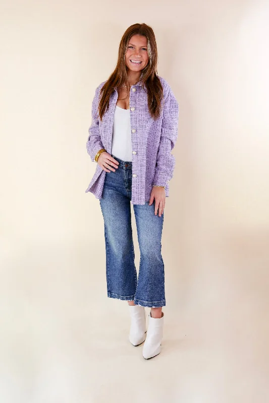 Brooklyn Buzz Pearl Button Up Tweed Shacket in Lavender Purple