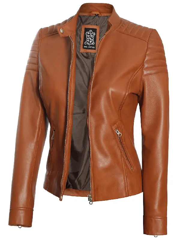 Carrie Women Tan Cafe Racer Leather Biker Jacket