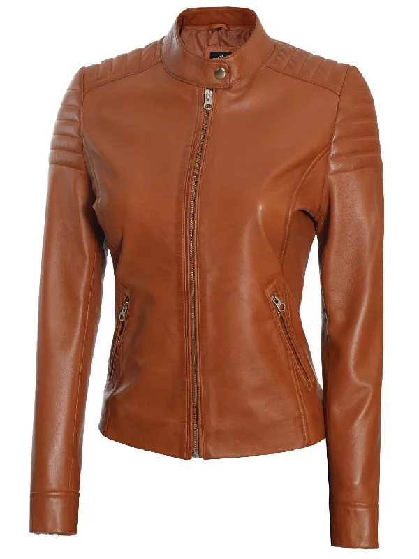 Carrie Women Tan Cafe Racer Leather Biker Jacket