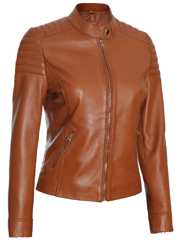 Carrie Women Tan Cafe Racer Leather Biker Jacket