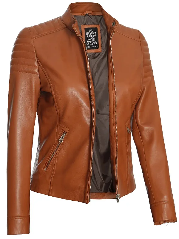 Carrie Women Tan Cafe Racer Leather Biker Jacket