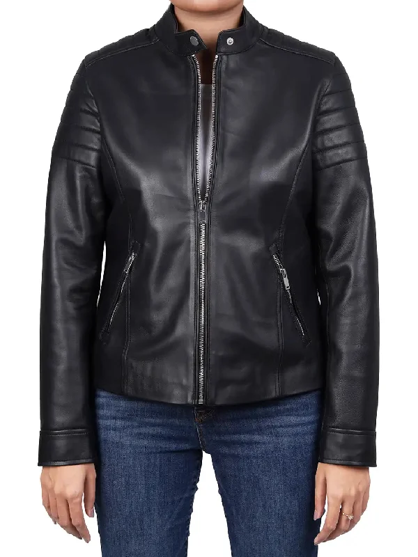 Carrie Relax Fit Black Cafe Racer Leather Jacket