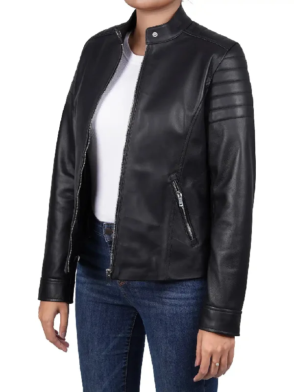 Carrie Relax Fit Black Cafe Racer Leather Jacket