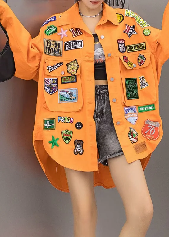 Casual Orange Pockets Graphic Patchwork Denim Coat Spring