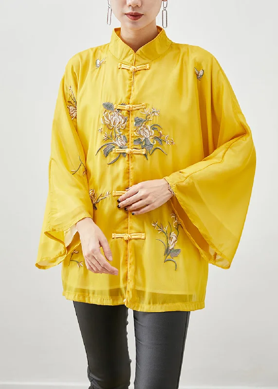 Chinese Style Yellow Embroideried Silk Jackets Fall