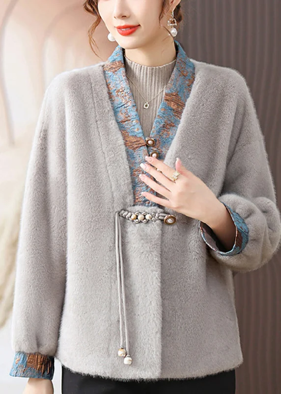 Classy Grey V Neck Tasseled Patchwork Mink Hair Coats Fall