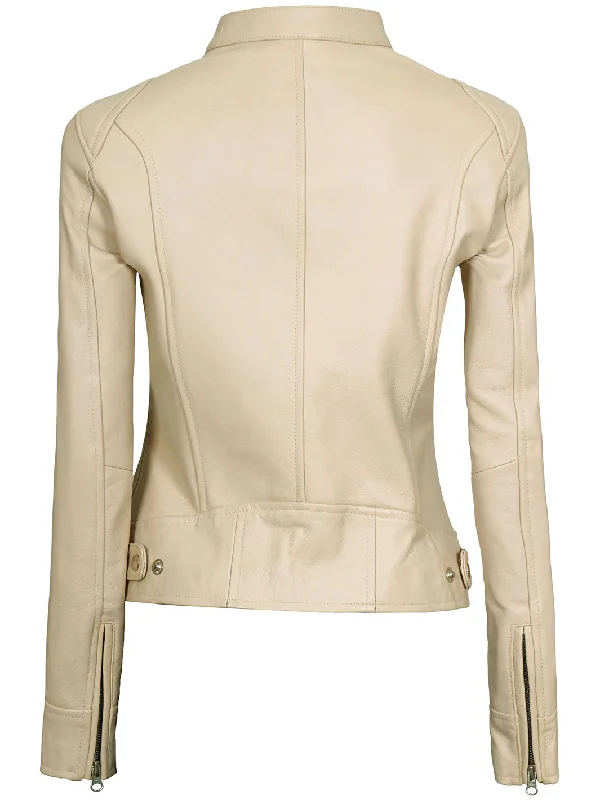 Dodge Women's Beige Leather Cafe Racer Motorcycle Jacket