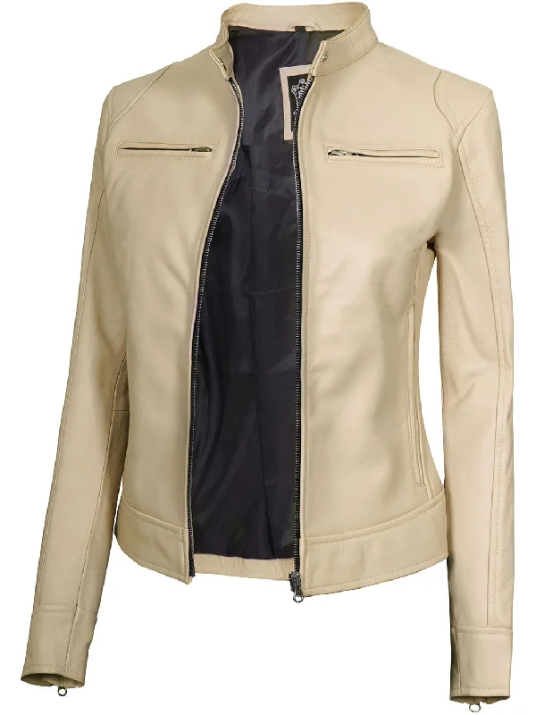 Dodge Women's Beige Leather Cafe Racer Motorcycle Jacket