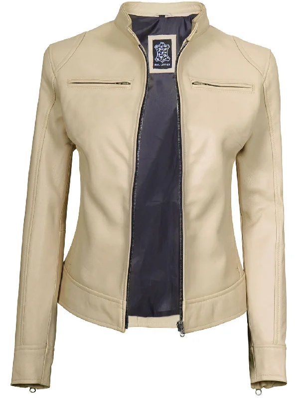 Dodge Women's Beige Leather Cafe Racer Motorcycle Jacket