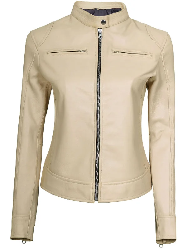 Dodge Women's Beige Leather Cafe Racer Motorcycle Jacket