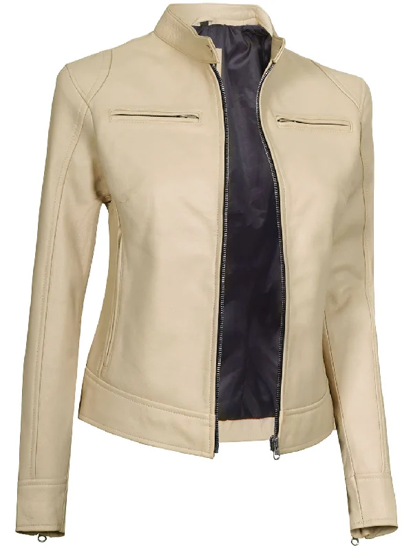 Dodge Women's Beige Leather Cafe Racer Motorcycle Jacket