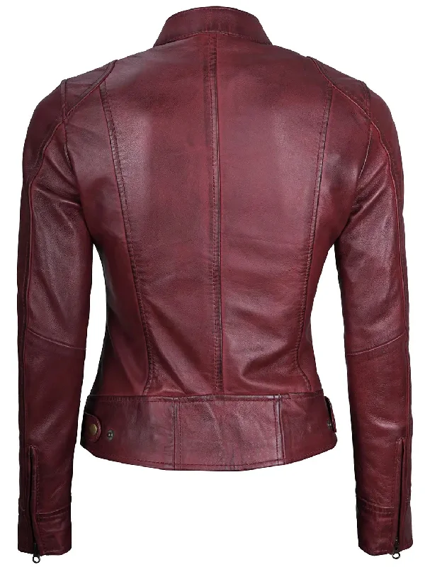 Dodge Womens Maroon Cafe Racer Leather Jacket