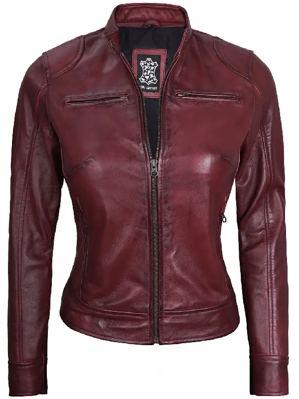 Dodge Womens Maroon Cafe Racer Leather Jacket