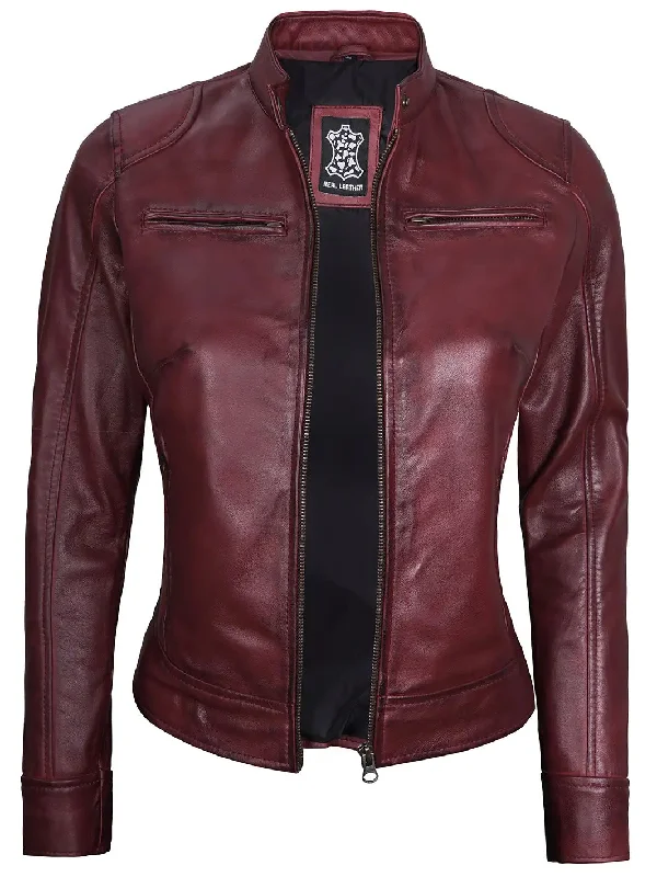 Dodge Womens Maroon Cafe Racer Leather Jacket