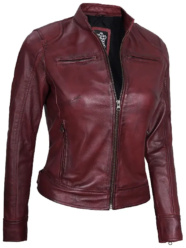 Dodge Womens Maroon Cafe Racer Leather Jacket